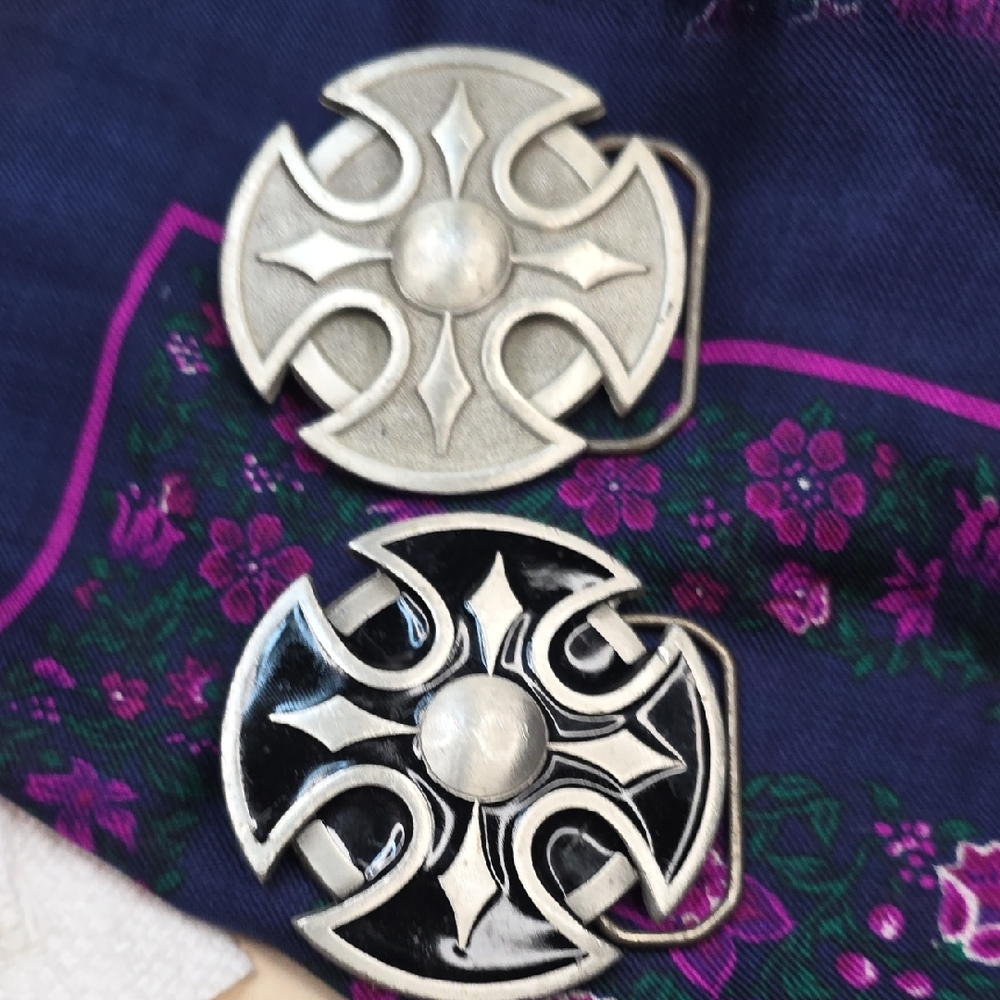 Y2K Fine Pewter Cross Belt Buckles By Great American Products Silver And Black
